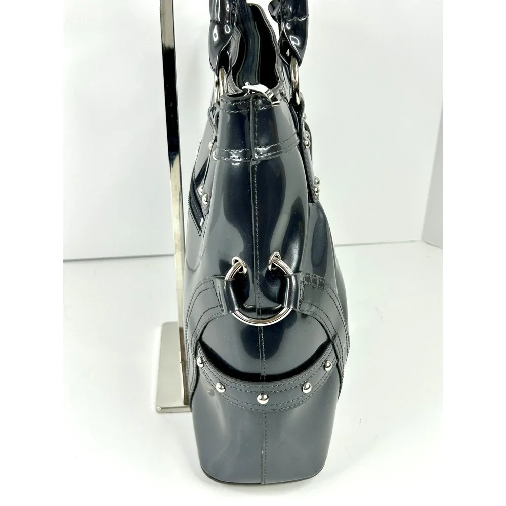 Beijo Classic Handbag Charcoal Patent Faux Leather Satchel‎ Top Handle Purse EUC